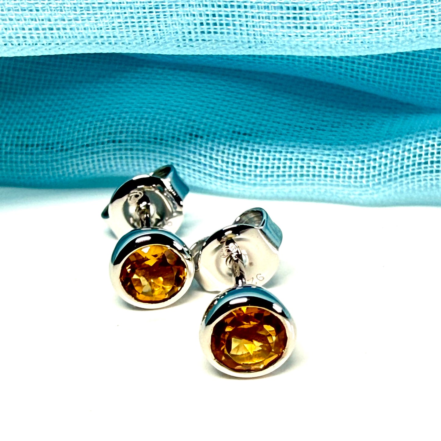 Real round citrine pair of earrings sterling silver yellow