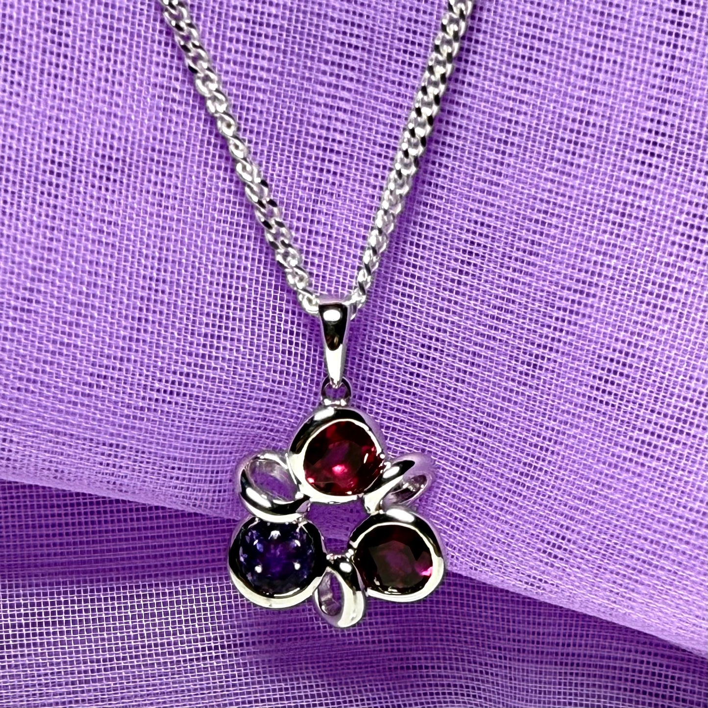Real ruby amethyst and garnet cluster necklace sterling silver with a chain