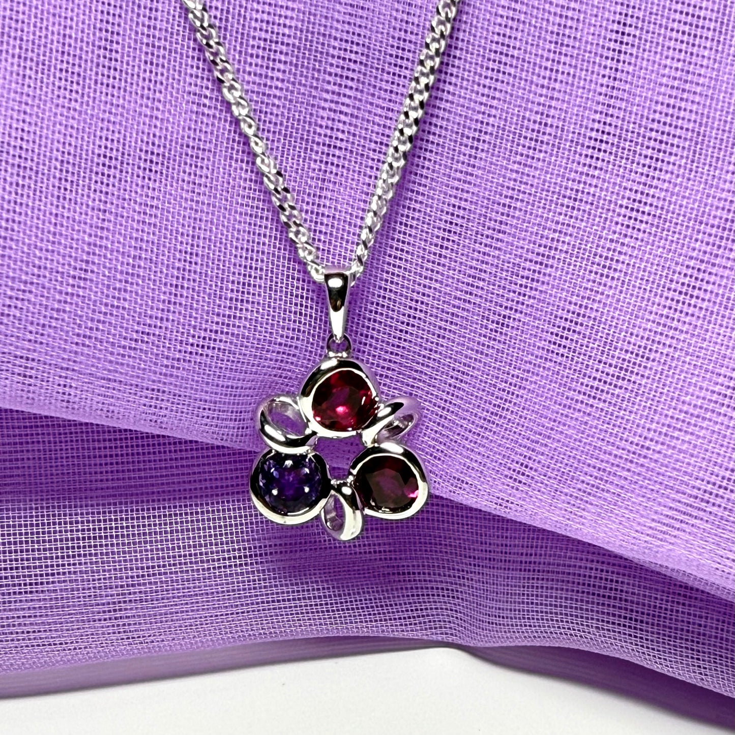 Real ruby amethyst and garnet cluster necklace sterling silver with a chain