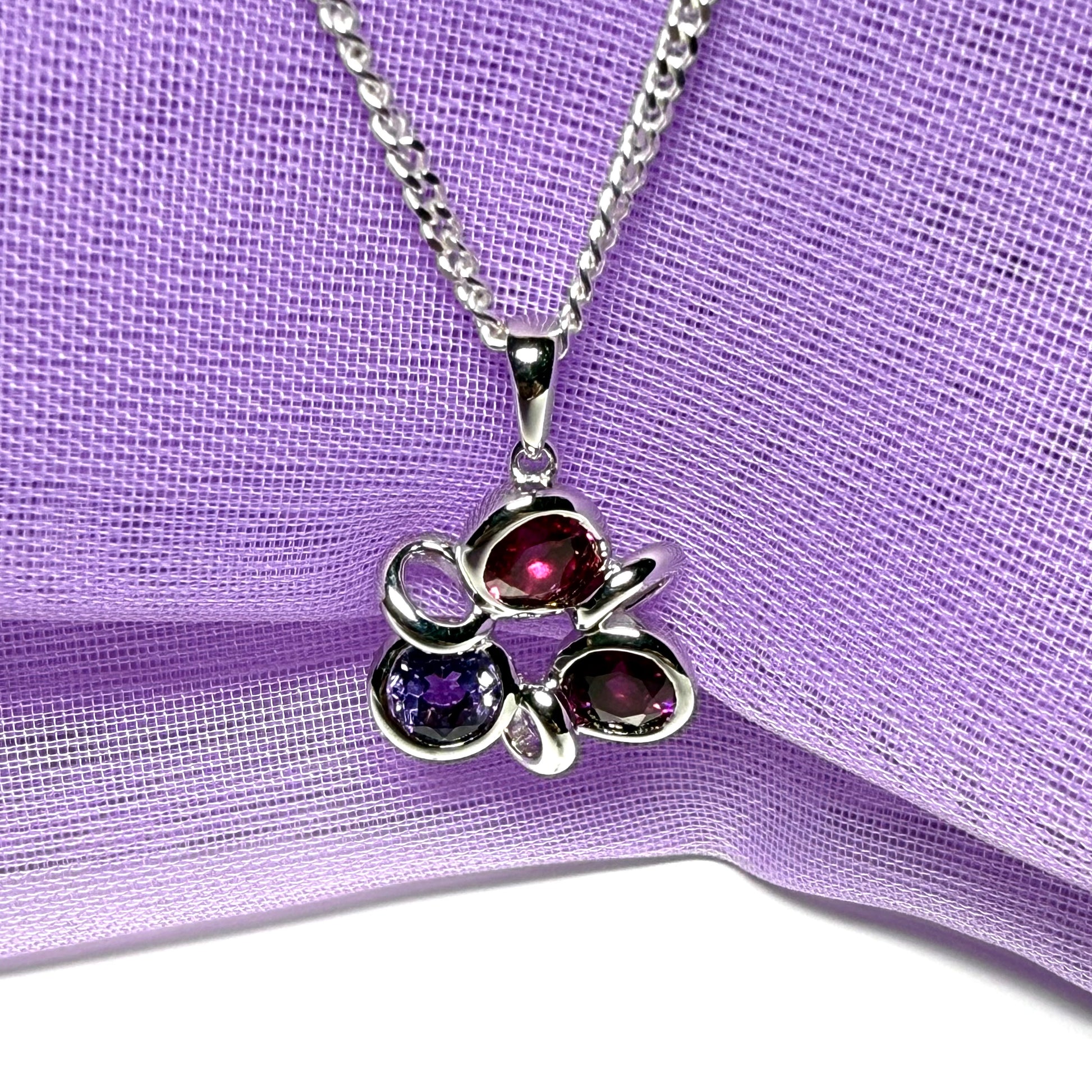 Real ruby amethyst and garnet cluster necklace sterling silver with a chain and box