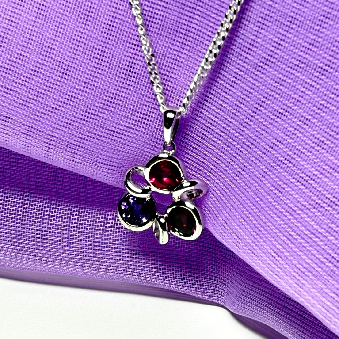 Real ruby amethyst and garnet cluster necklace sterling silver with a chain