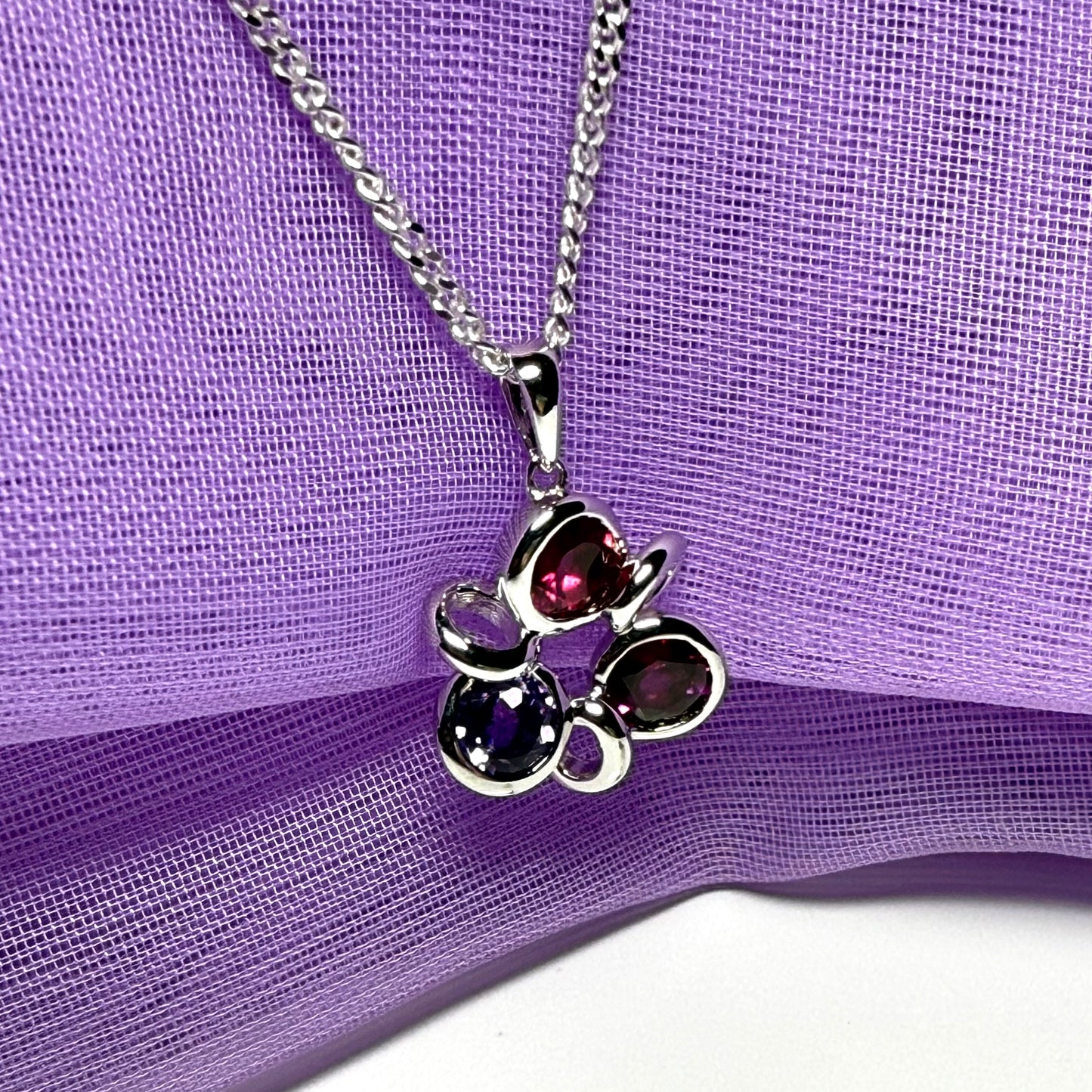Real ruby amethyst and garnet cluster necklace sterling silver with a chain and box