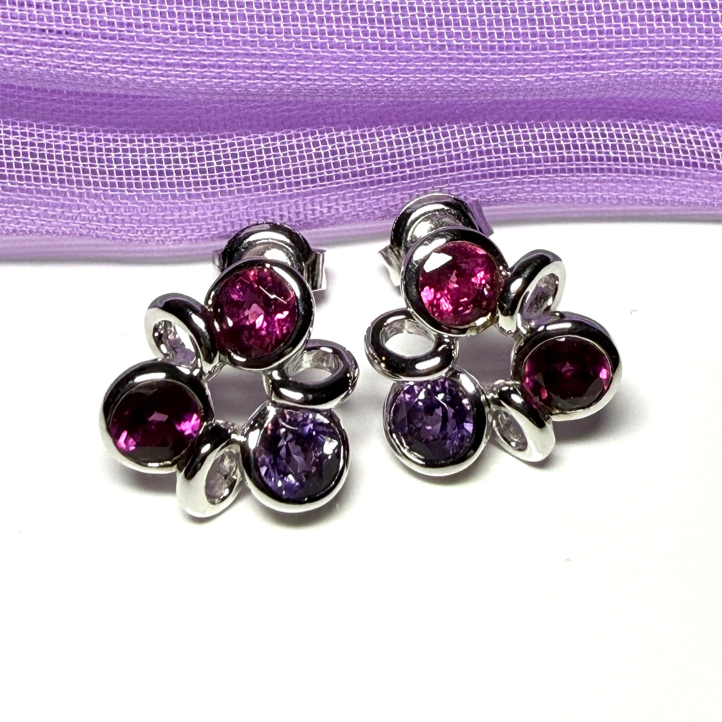 Real ruby amethyst and garnet cluster stud earrings sterling silver