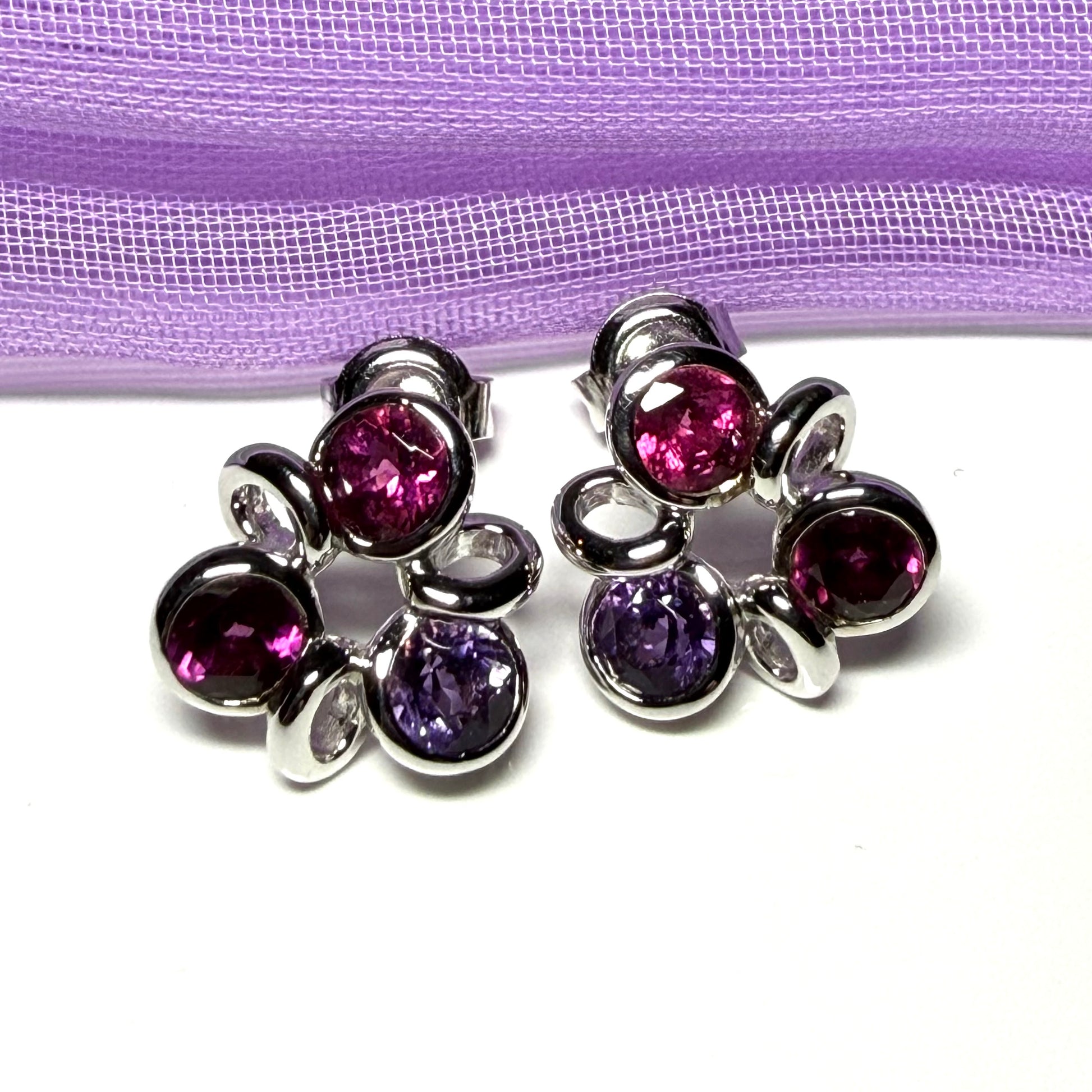 Real ruby amethyst and garnet cluster stud earrings sterling silver