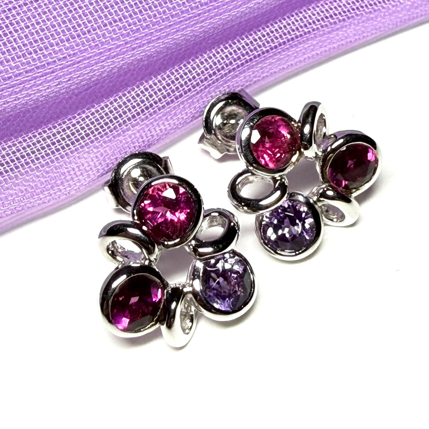 Real ruby amethyst and garnet cluster stud earrings sterling silver