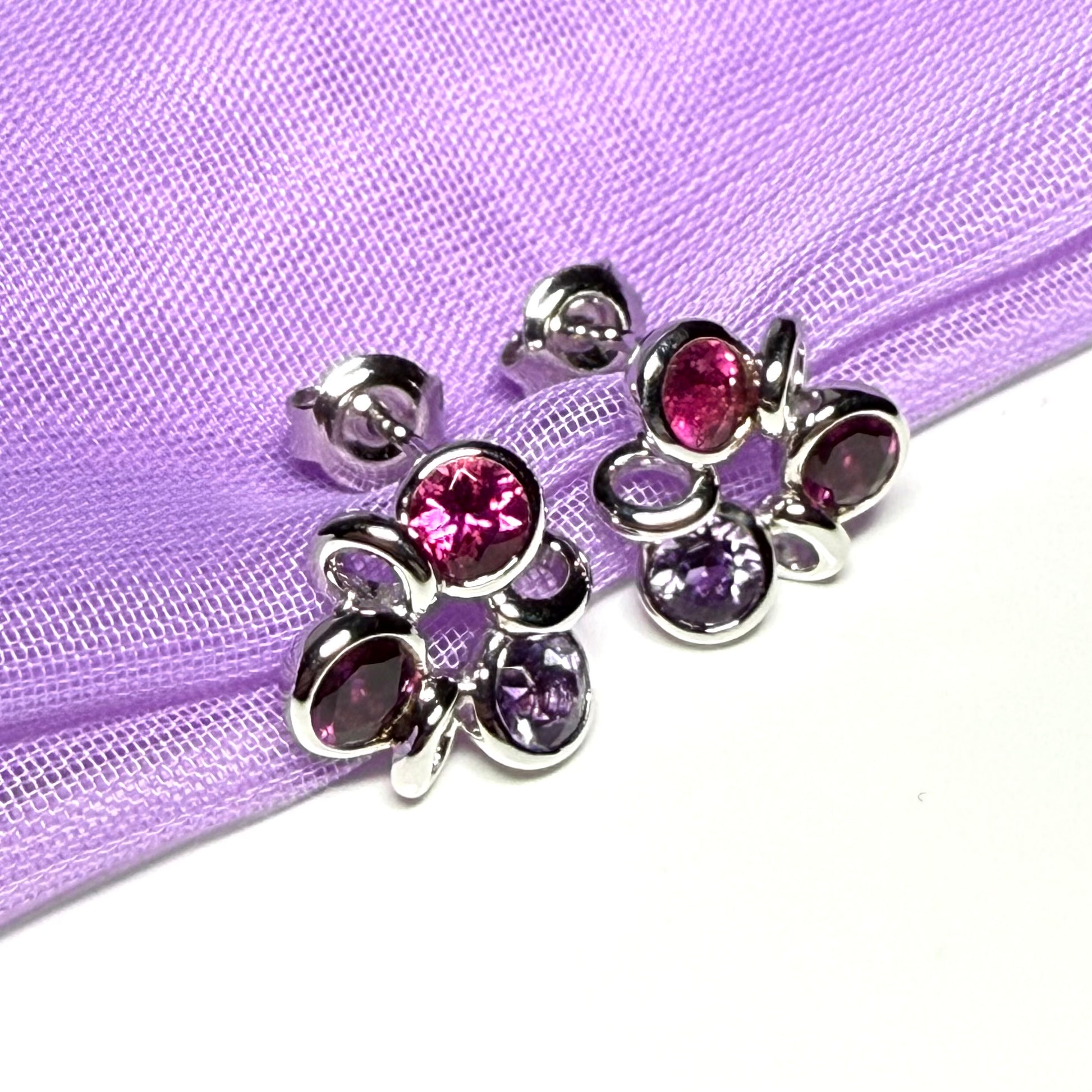 Real ruby amethyst and garnet cluster stud earrings sterling silver