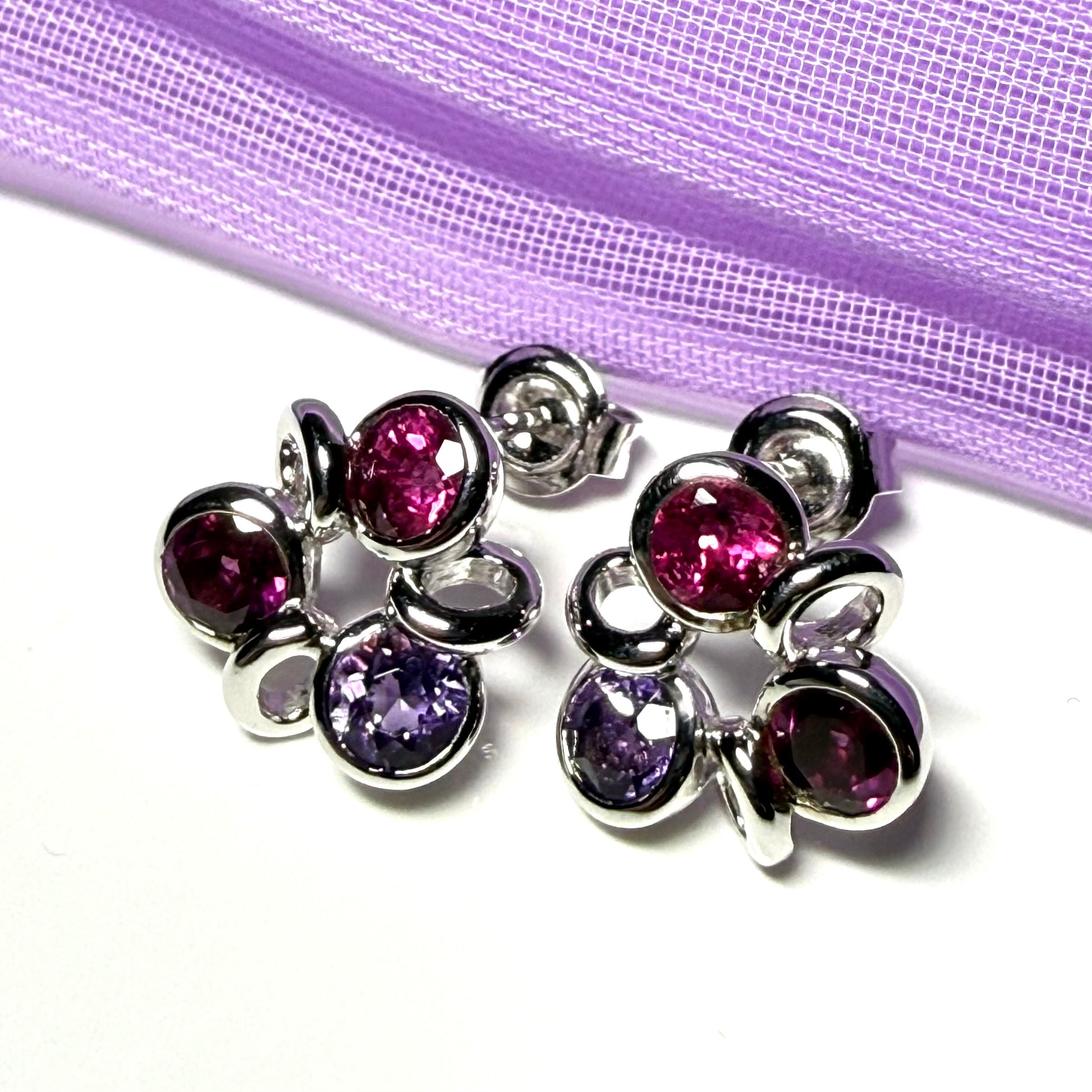 Real ruby amethyst and garnet cluster stud earrings sterling silver