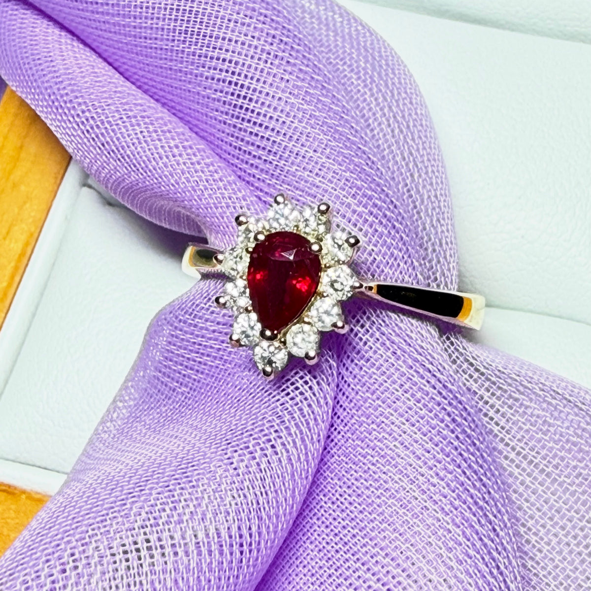 Real ruby and real diamond pear teardrop shaped cluster ring yellow gold