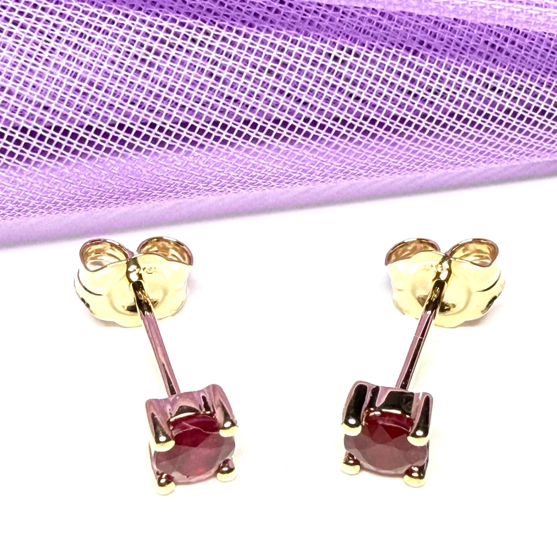 Real ruby earrings round yellow gold stud