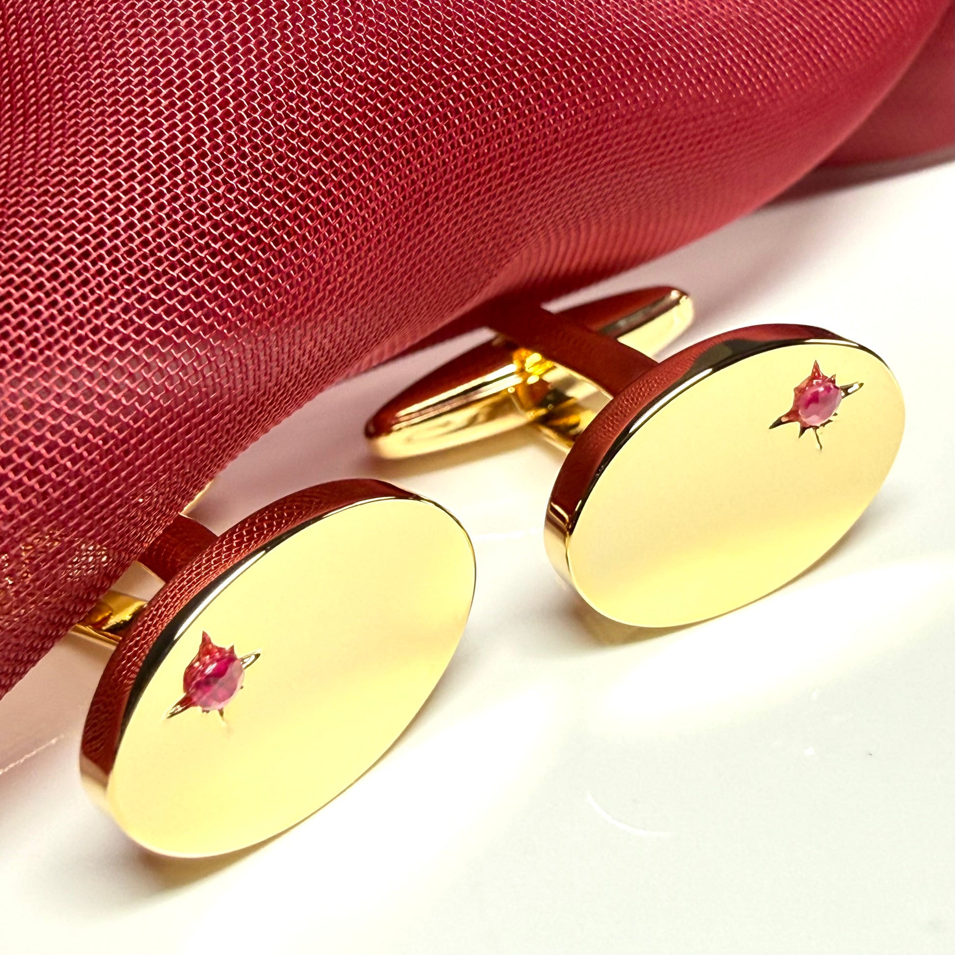 Real ruby oval shaped cufflinks gold plated