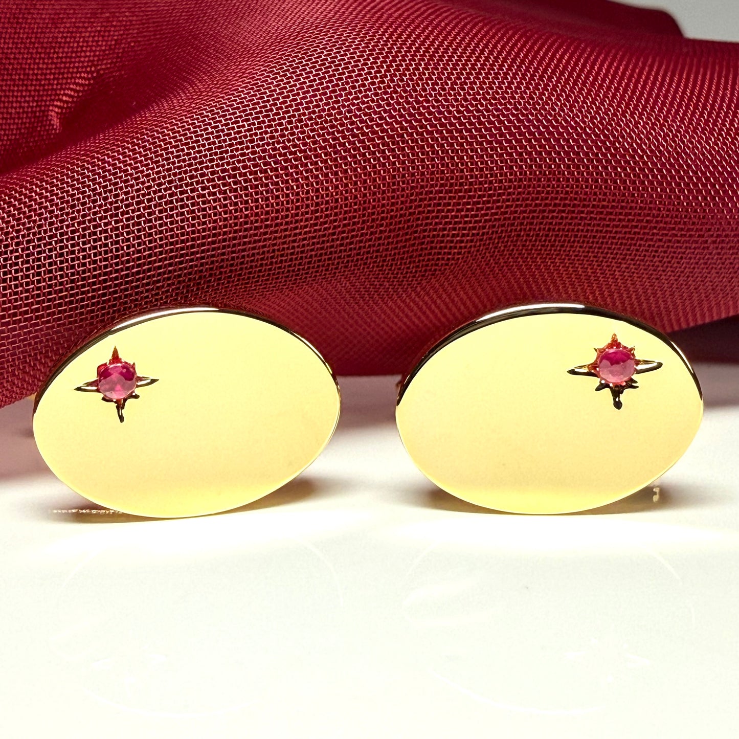 Real ruby oval shaped cufflinks gold plated