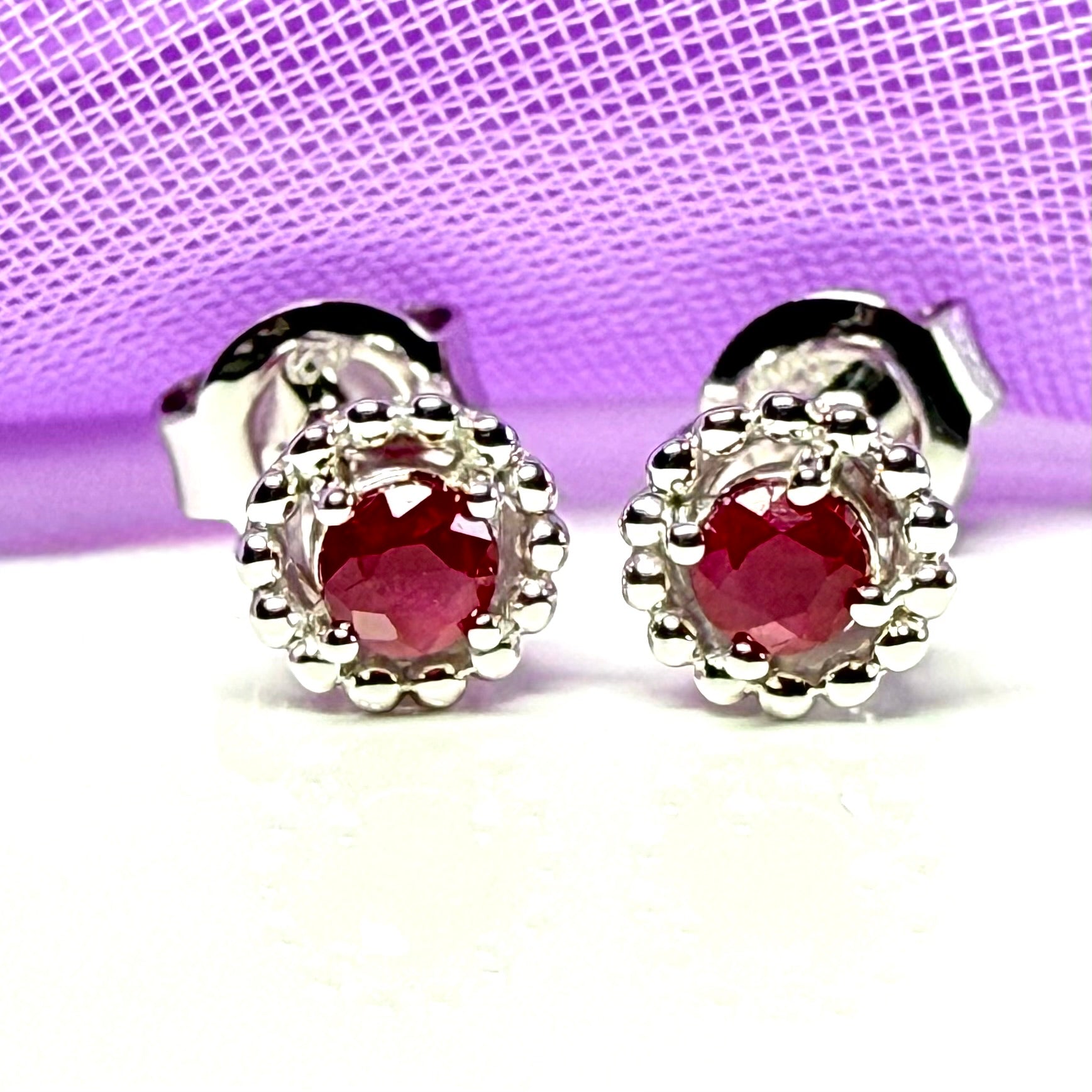 Real ruby small round stud earrings sterling silver