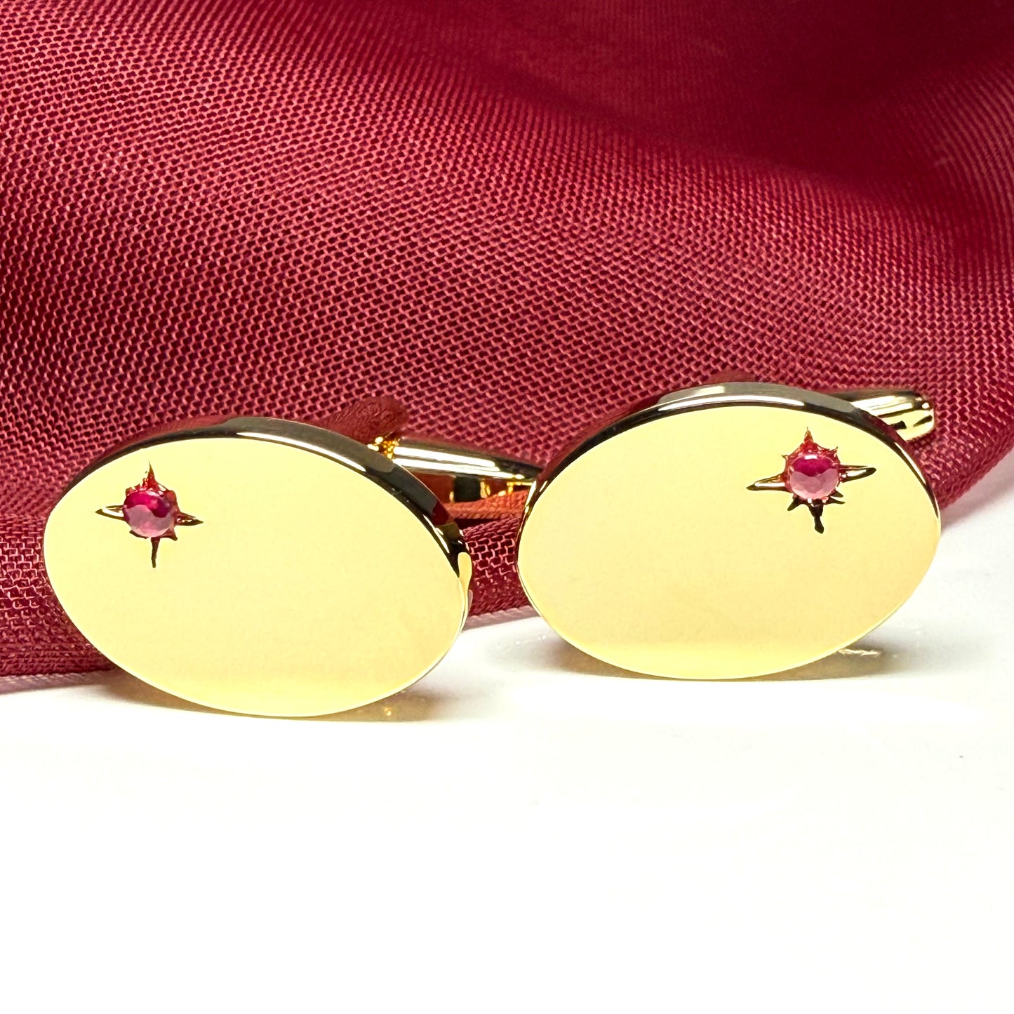 Real ruby oval shaped cufflinks gold plated