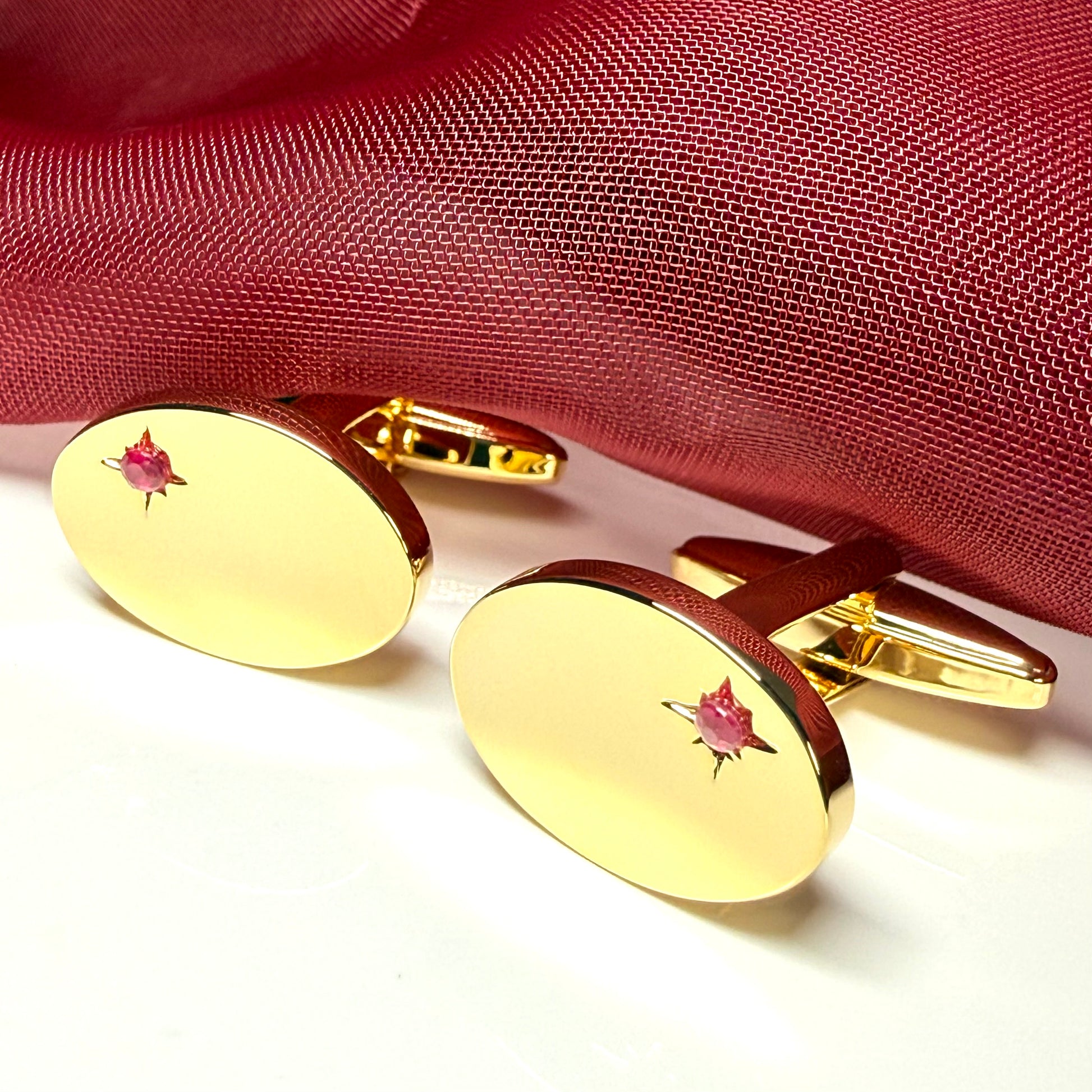 Real ruby oval shaped cufflinks gold plated