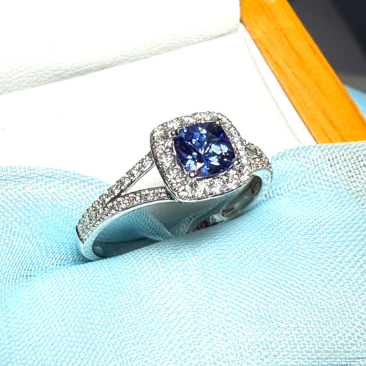 Real tanzanite and diamond white gold square cluster ring split shoulders