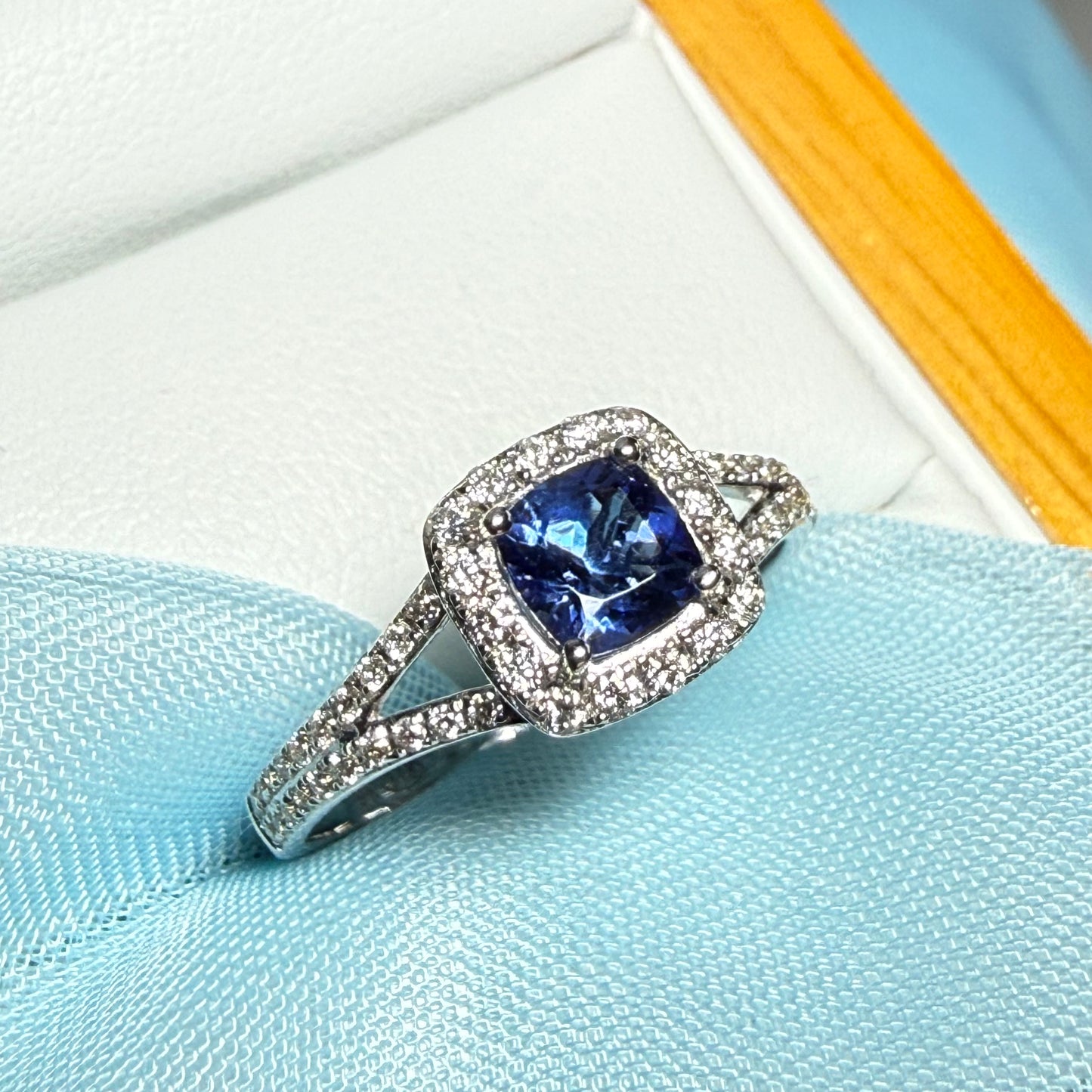 Real tanzanite and diamond white gold square cluster ring split shoulders