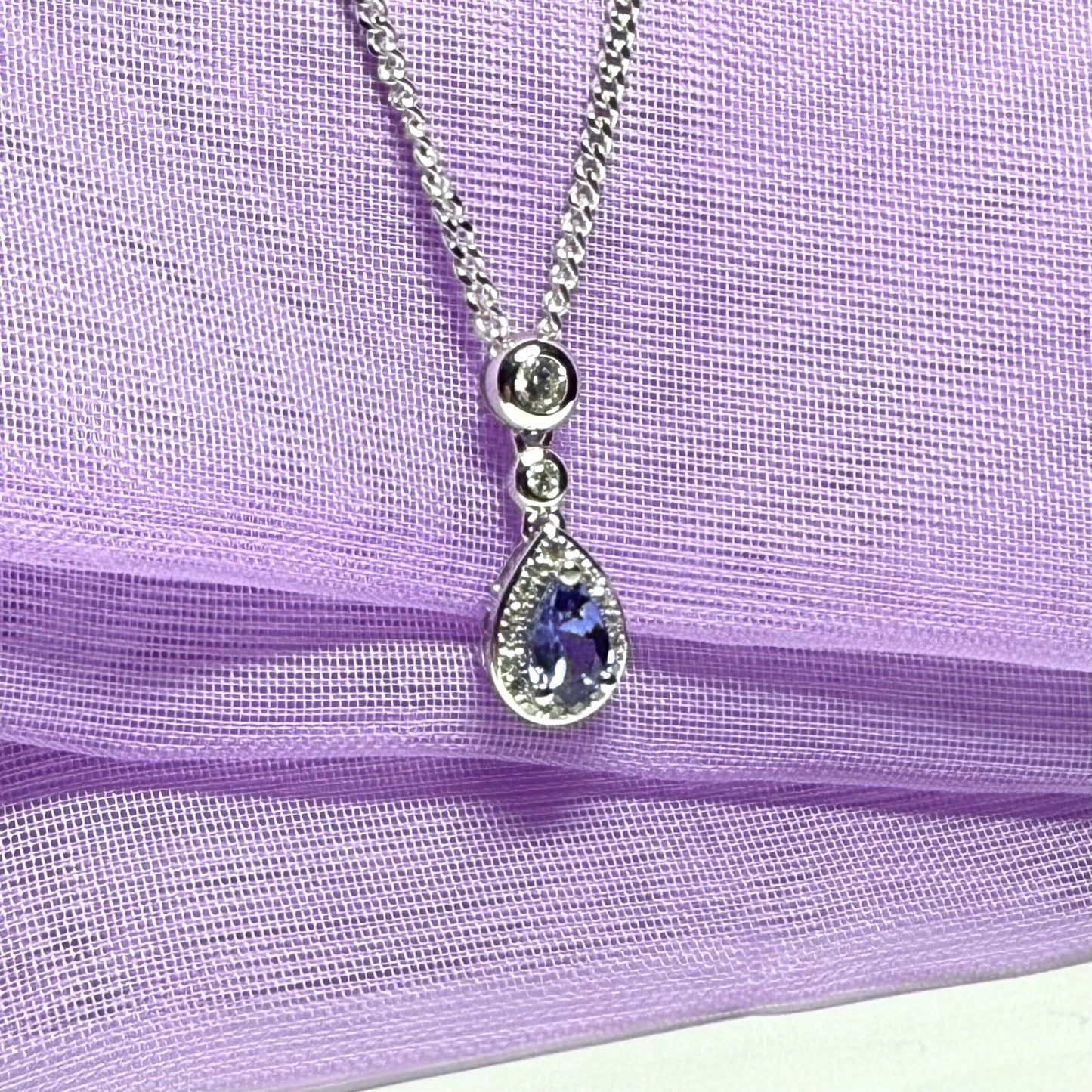 Real tanzanite and real diamond pear shaped necklace sterling silver