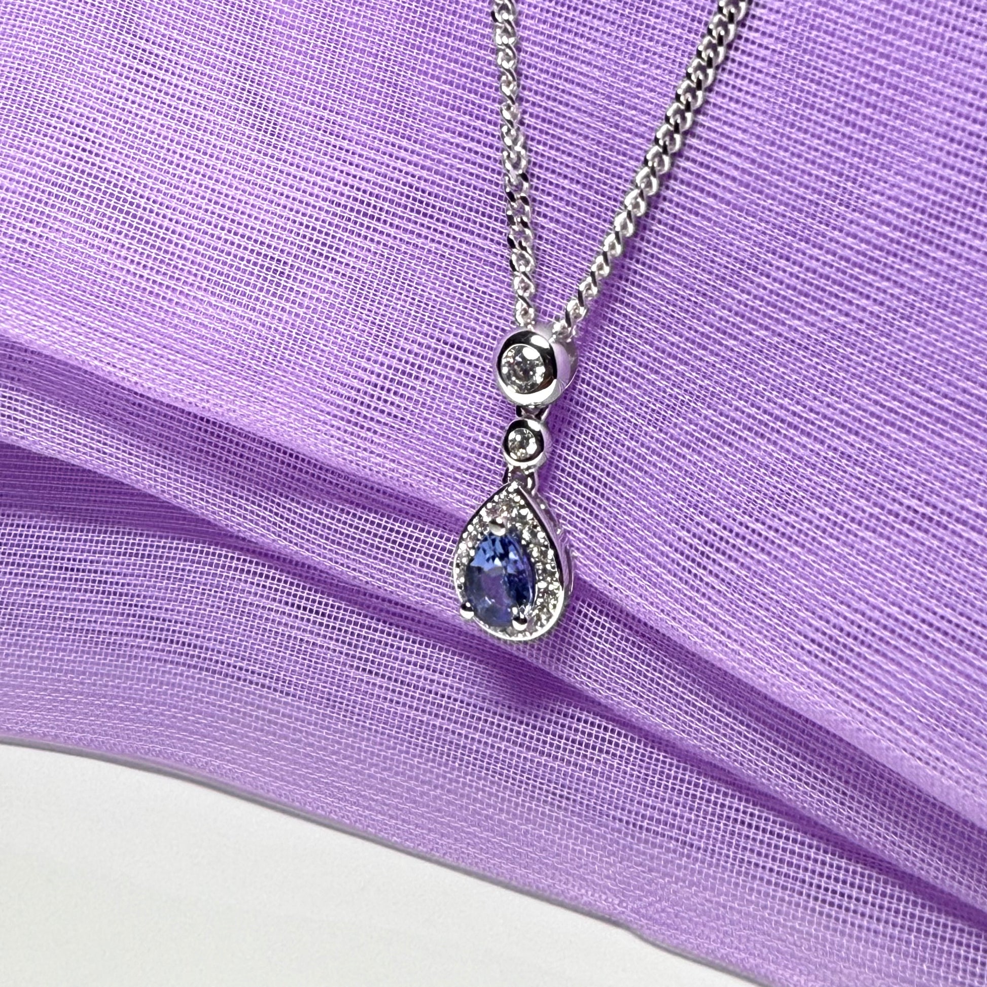 Real tanzanite and real diamond pear shaped necklace sterling silver pendant