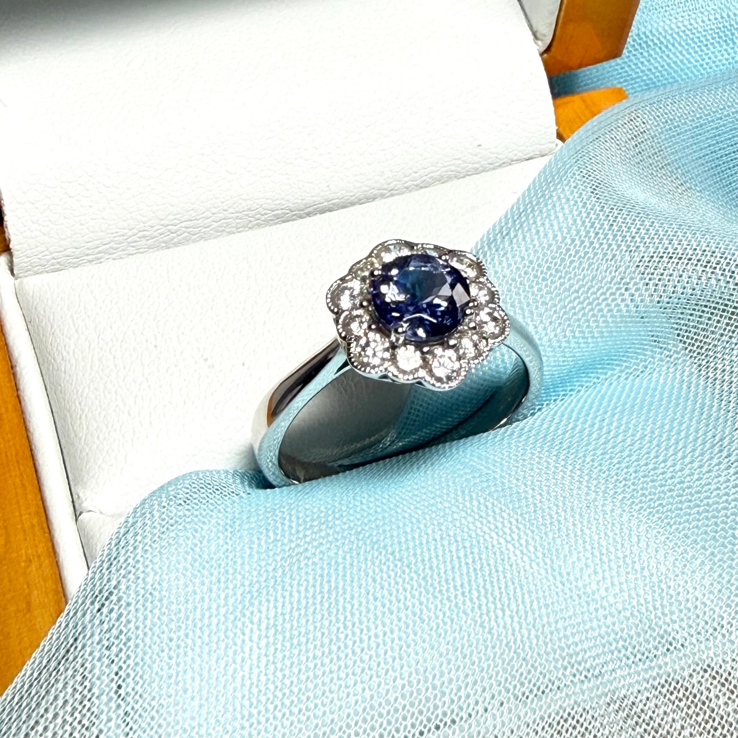 Real tanzanite ring and diamond white gold cluster hexagonal shape