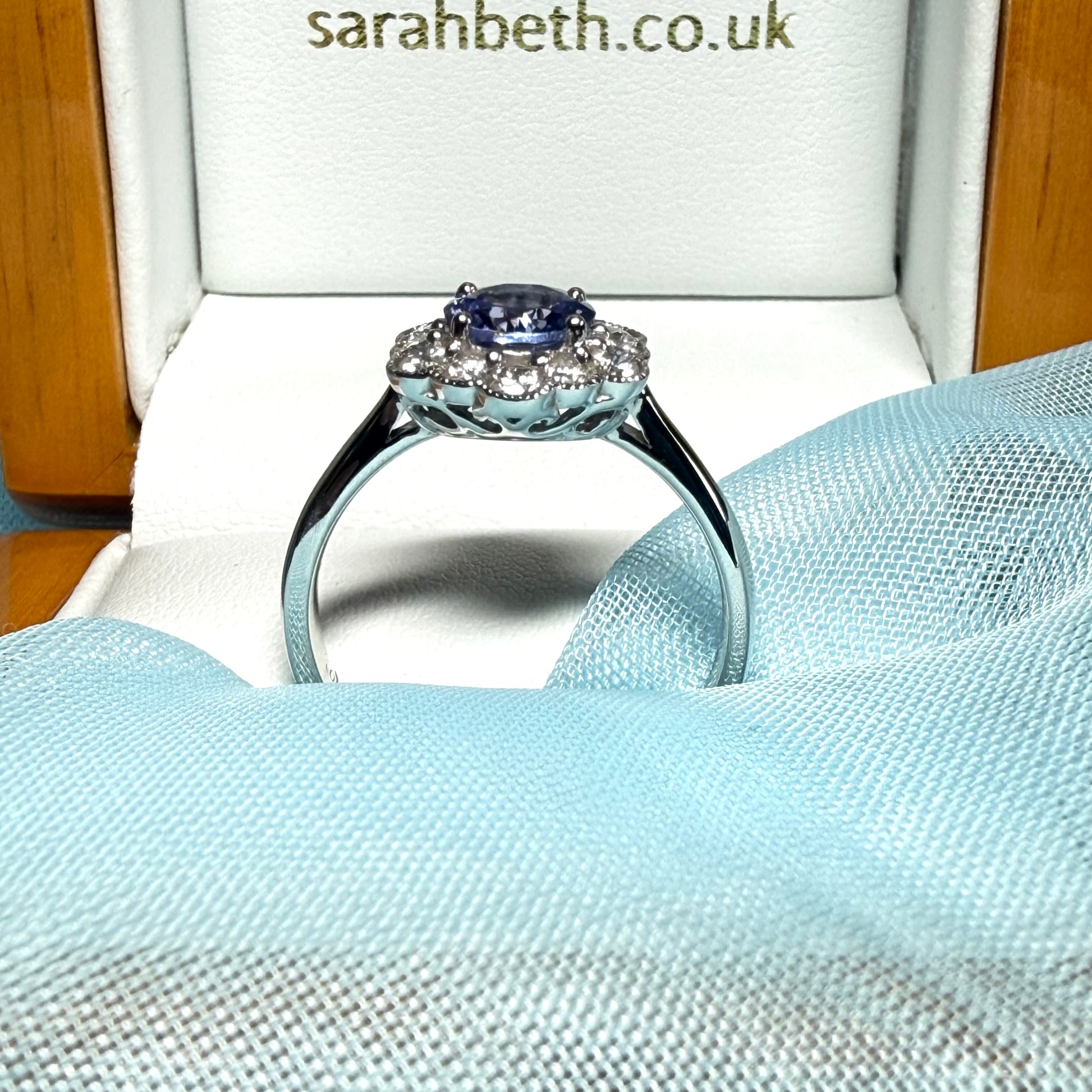 Real tanzanite ring and diamond white gold cluster hexagonal shape