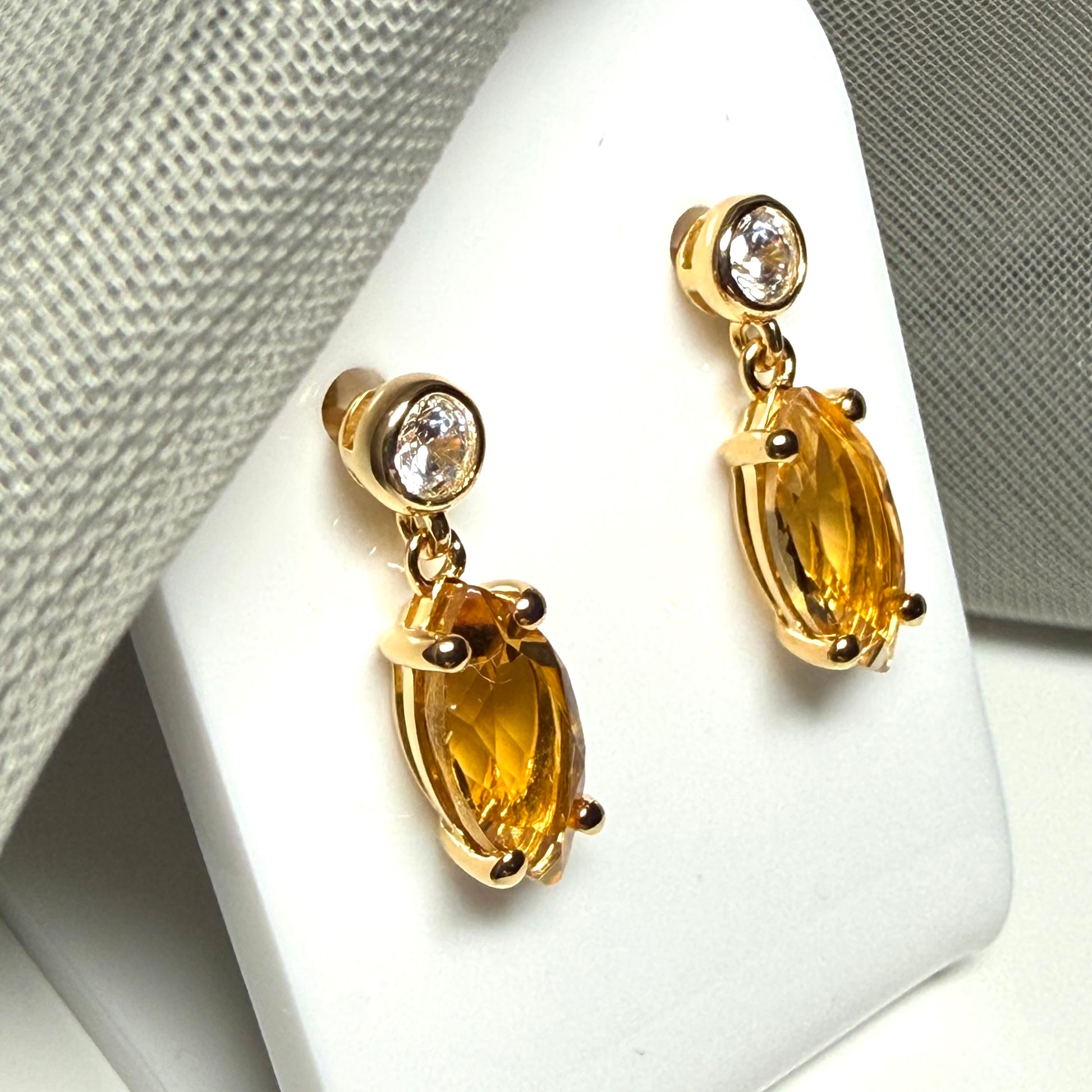 Real yellow citrine and real cubic zirconia marquise and round drop earrings sterling silver with yellow gold plating