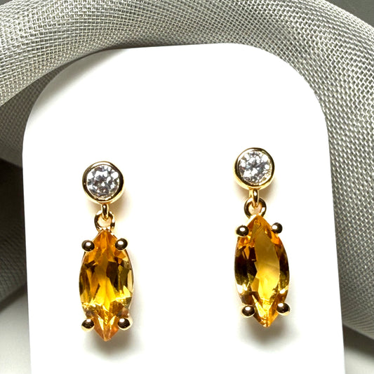 Real yellow citrine and real cubic zirconia marquise and round drop earrings sterling silver with yellow gold plating