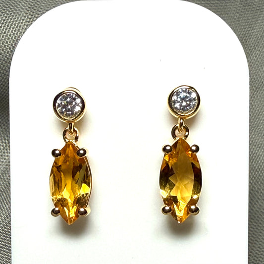 Real yellow citrine and real cubic zirconia marquise and round drop earrings sterling silver with yellow gold plating