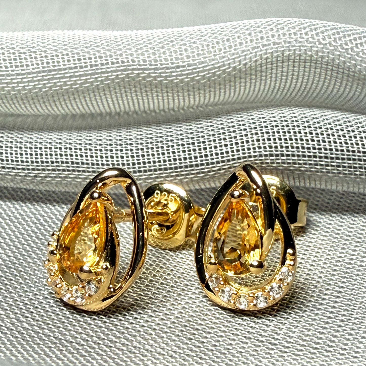 Real yellow citrine and real cubic zirconia pear and round drop earrings sterling silver with yellow gold plating