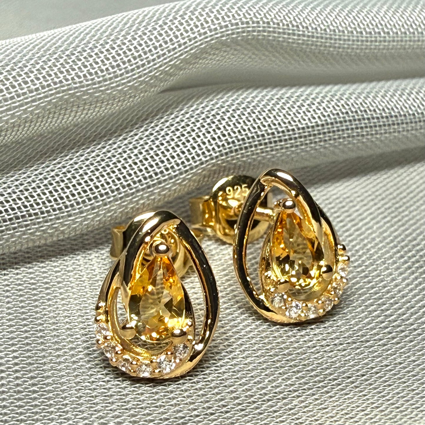 Real yellow citrine and real cubic zirconia pear and round drop earrings sterling silver with yellow gold plating