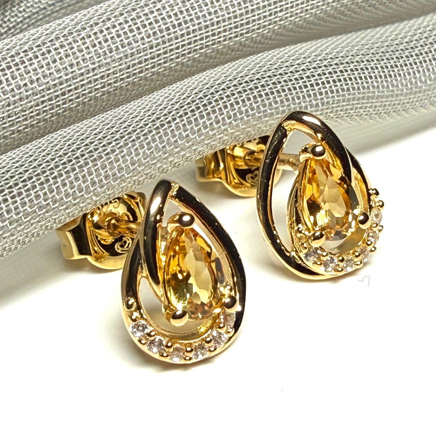 Real yellow citrine and real cubic zirconia pear and round drop earrings sterling silver with yellow gold plating