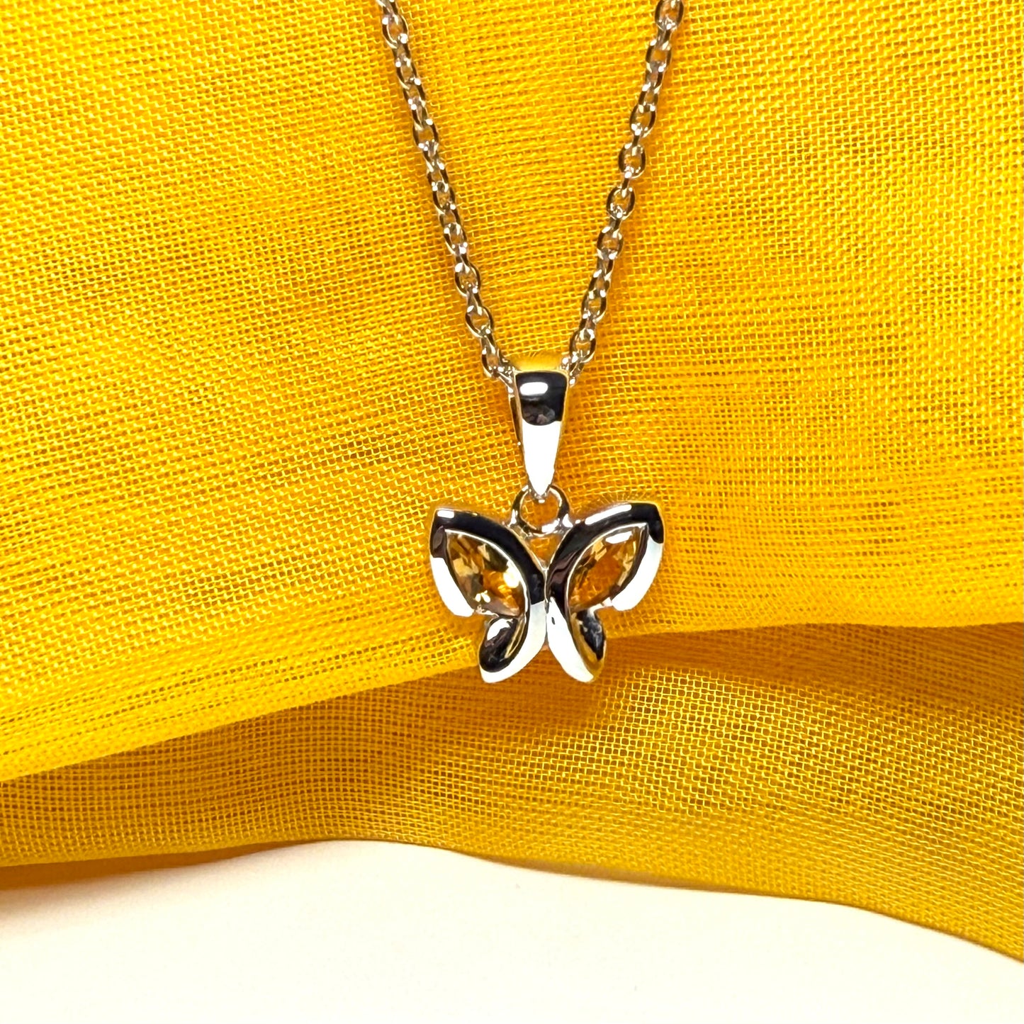Real yellow citrine butterfly shape necklace pendant sterling silver