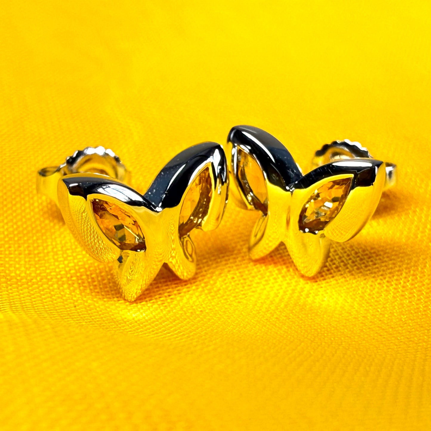 Real yellow citrine butterfly shaped stud earrings sterling silver