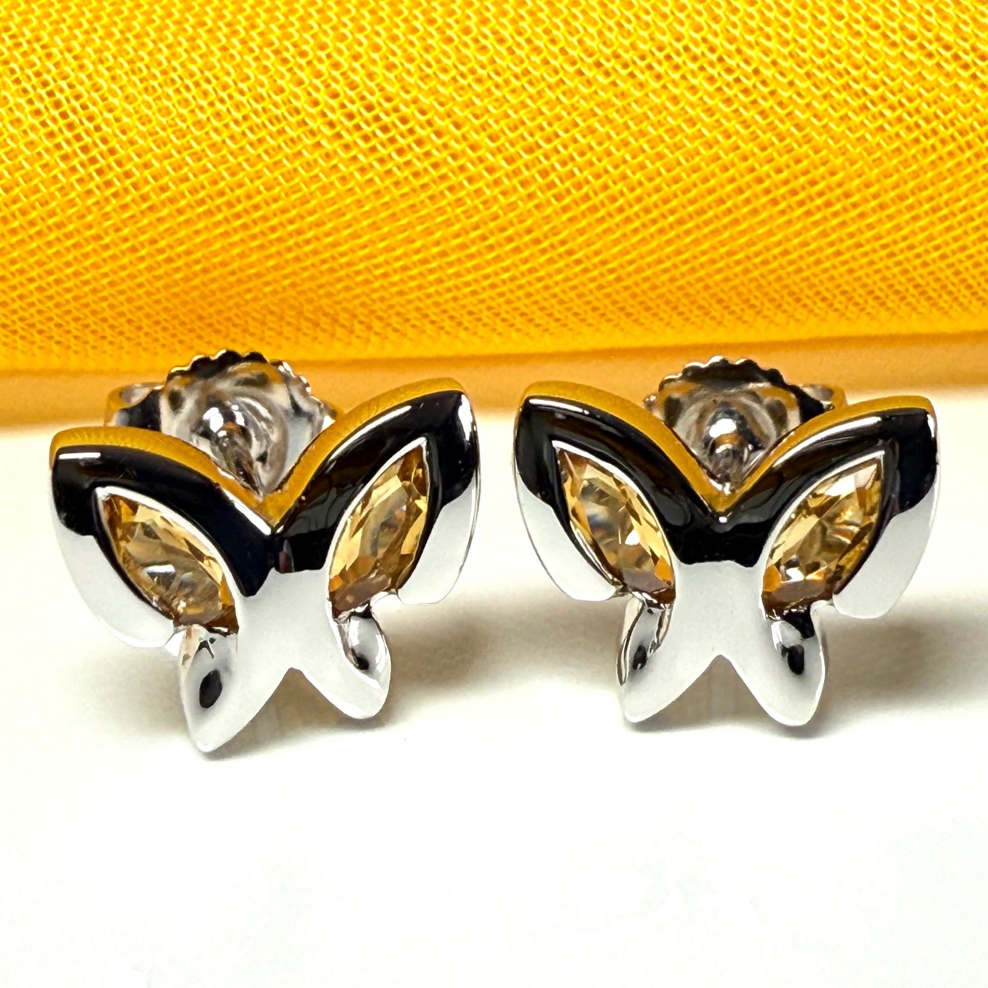 Real yellow citrine butterfly shaped stud earrings sterling silver