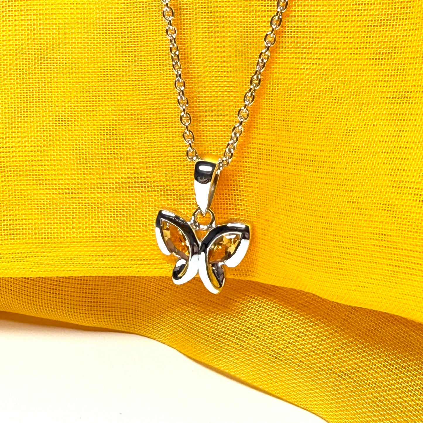 Real yellow citrine butterfly shape necklace pendant sterling silver