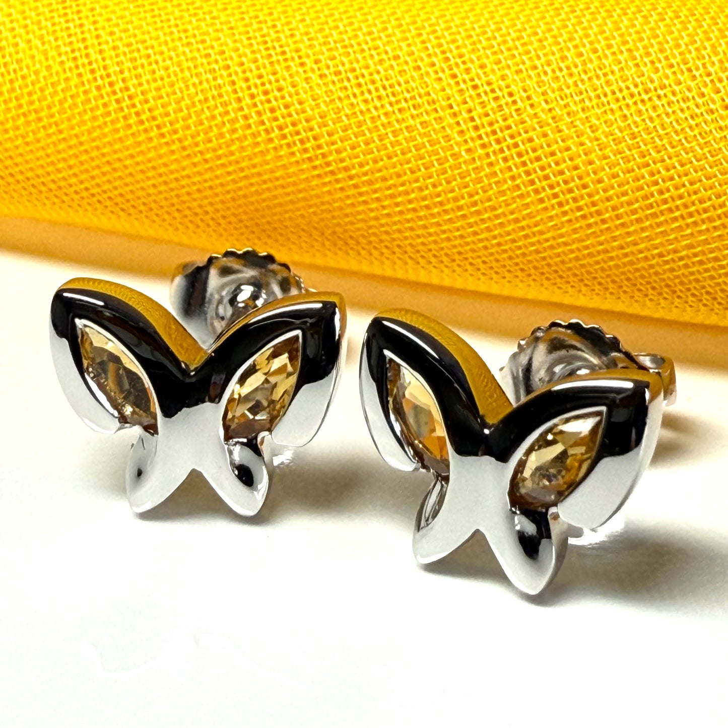 Real yellow citrine butterfly shaped stud earrings sterling silver