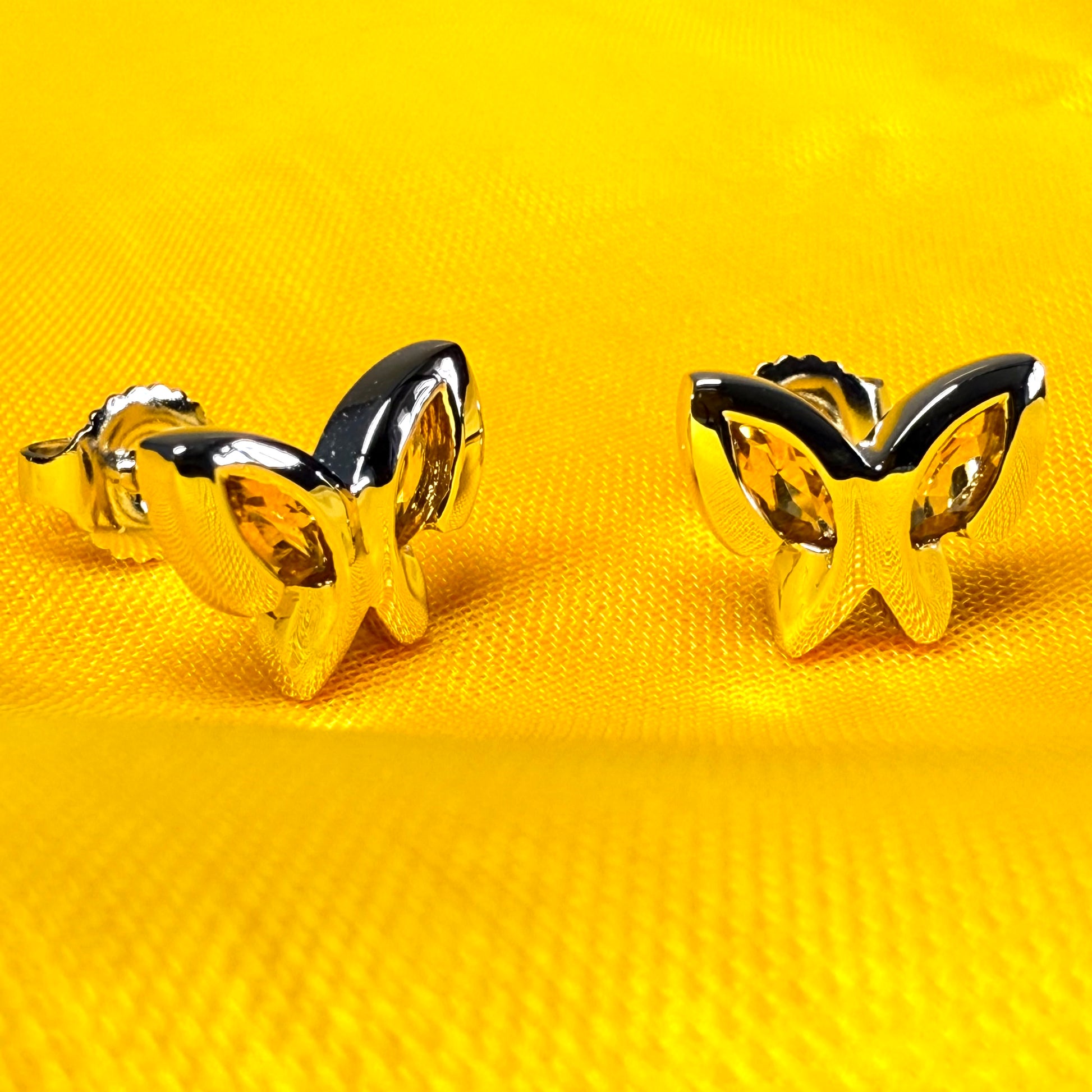 Real yellow citrine butterfly shaped stud earrings sterling silver
