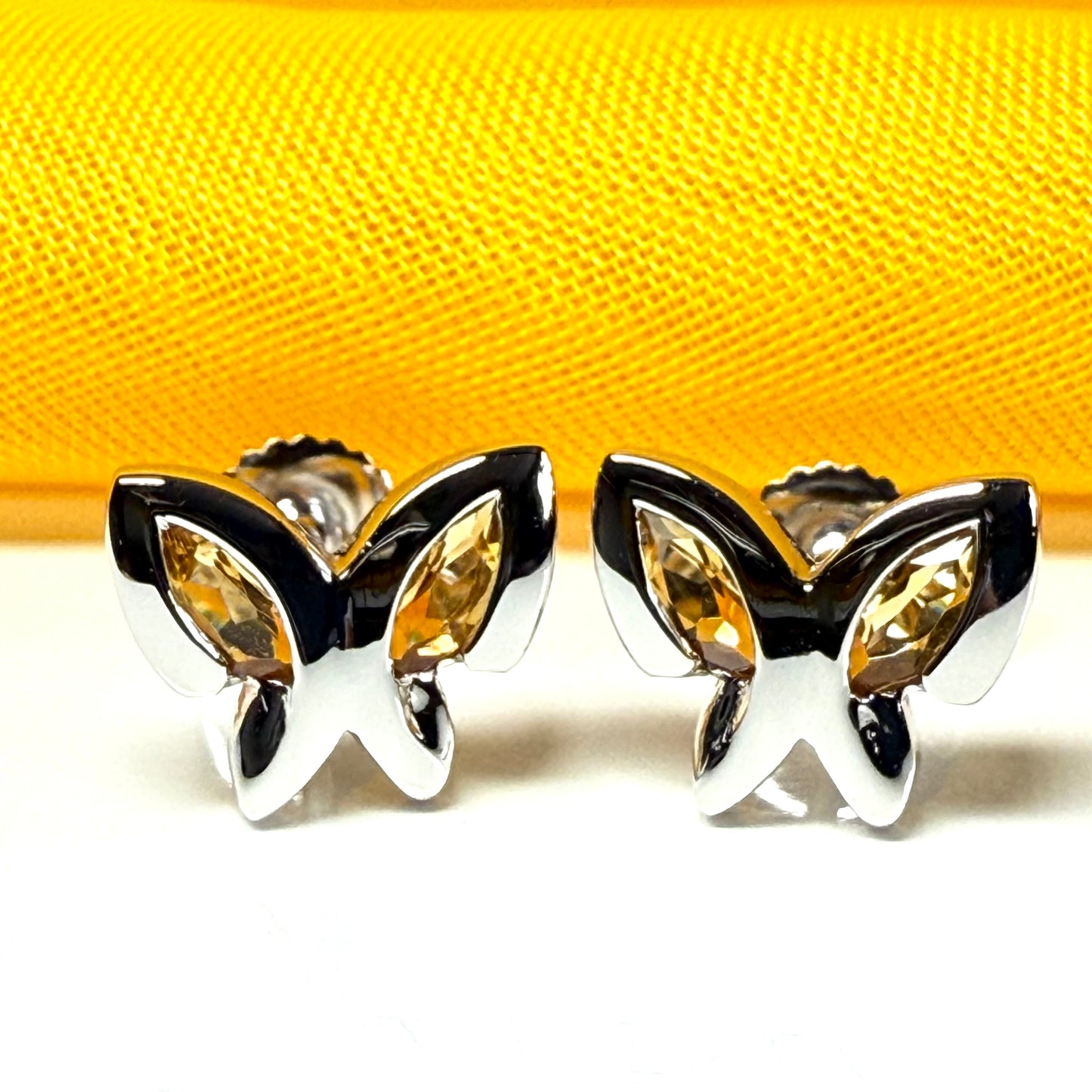 Real yellow citrine butterfly shaped stud earrings sterling silver