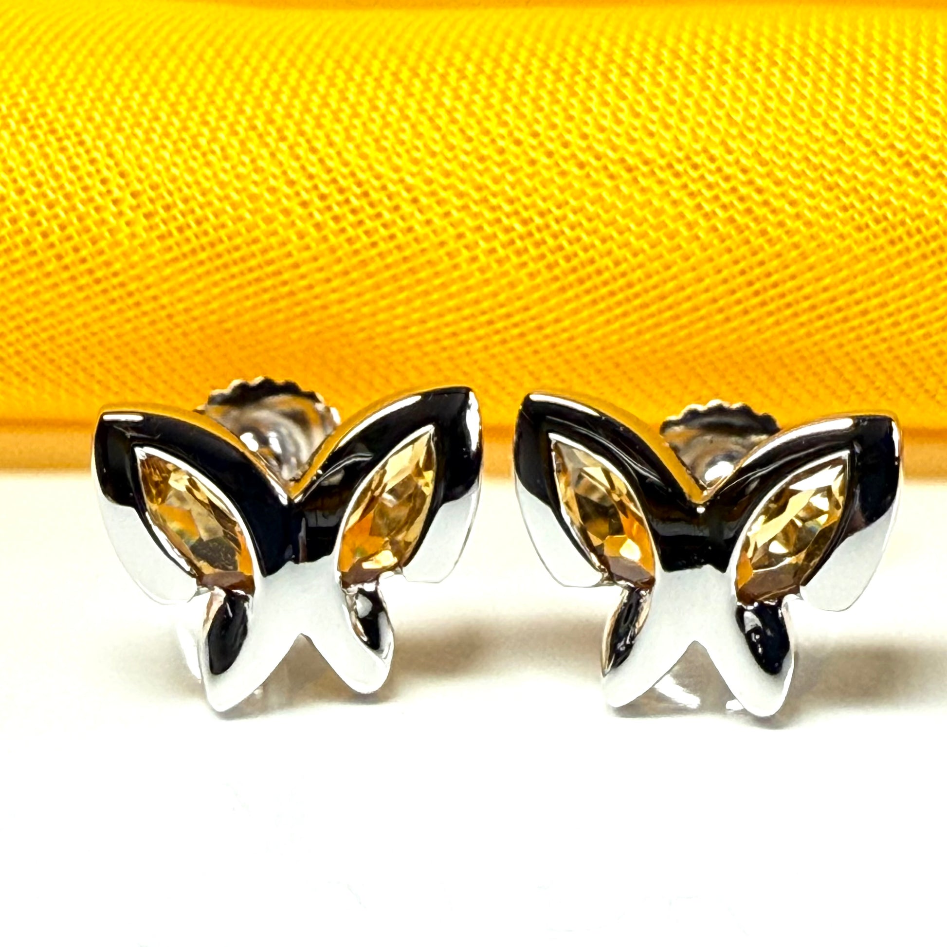 Real yellow citrine butterfly shaped stud earrings sterling silver
