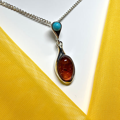 Real amber and turquoise necklace sterling silver pendant