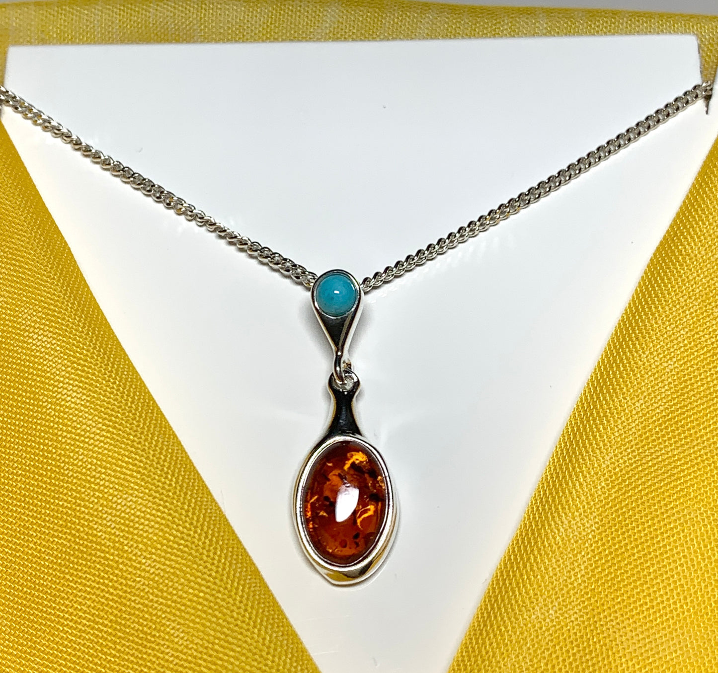 Real amber and turquoise necklace sterling silver pendant