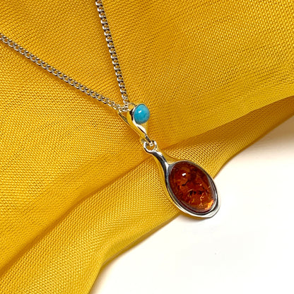 Real amber and turquoise necklace sterling silver pendant