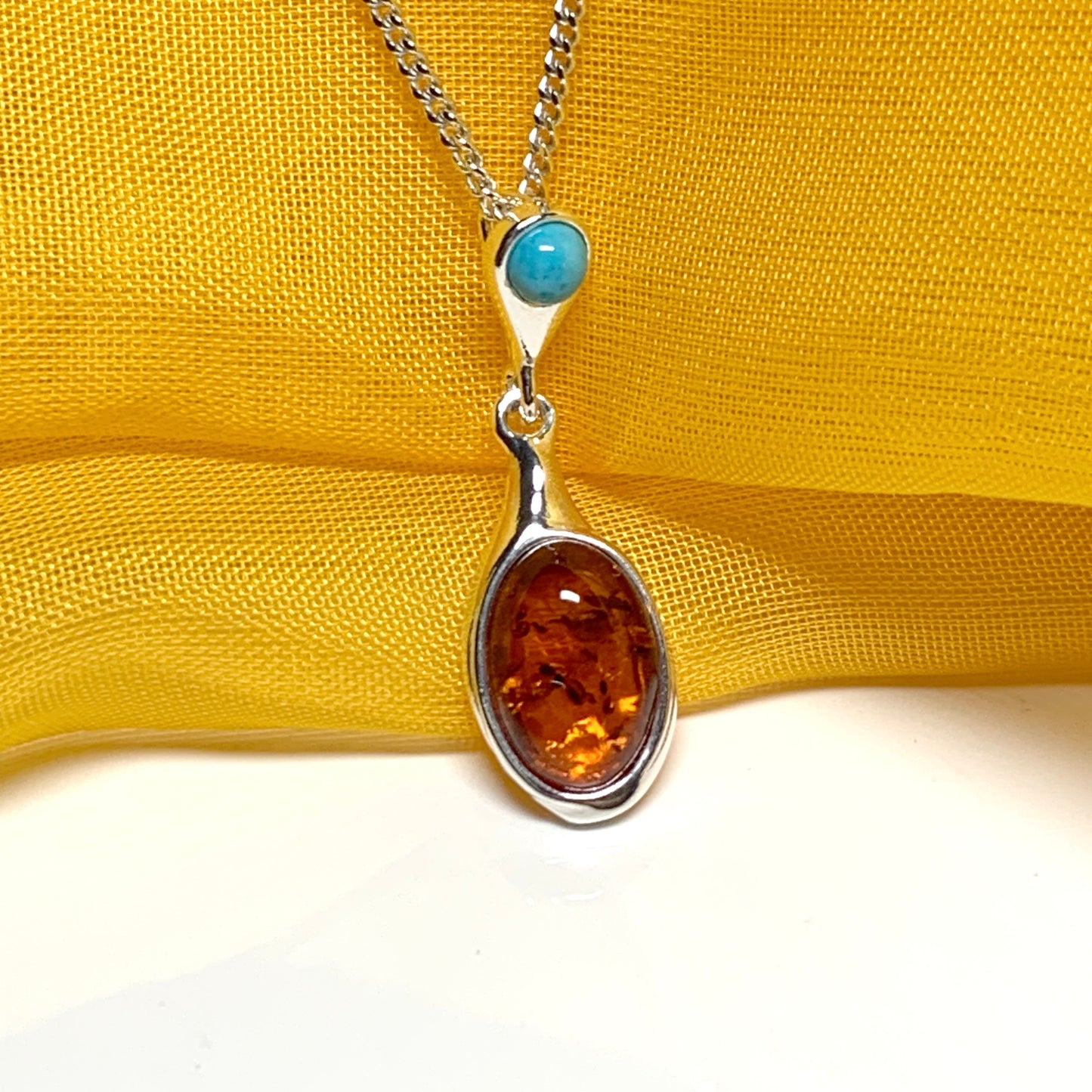 Real amber and turquoise necklace sterling silver pendant