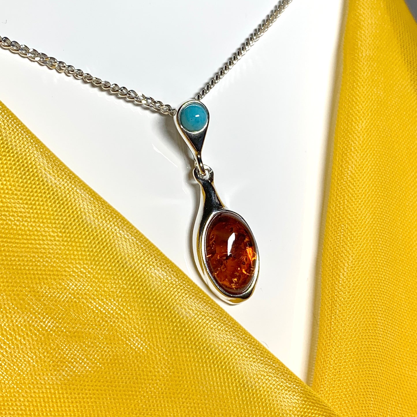 Real amber and turquoise necklace sterling silver pendant