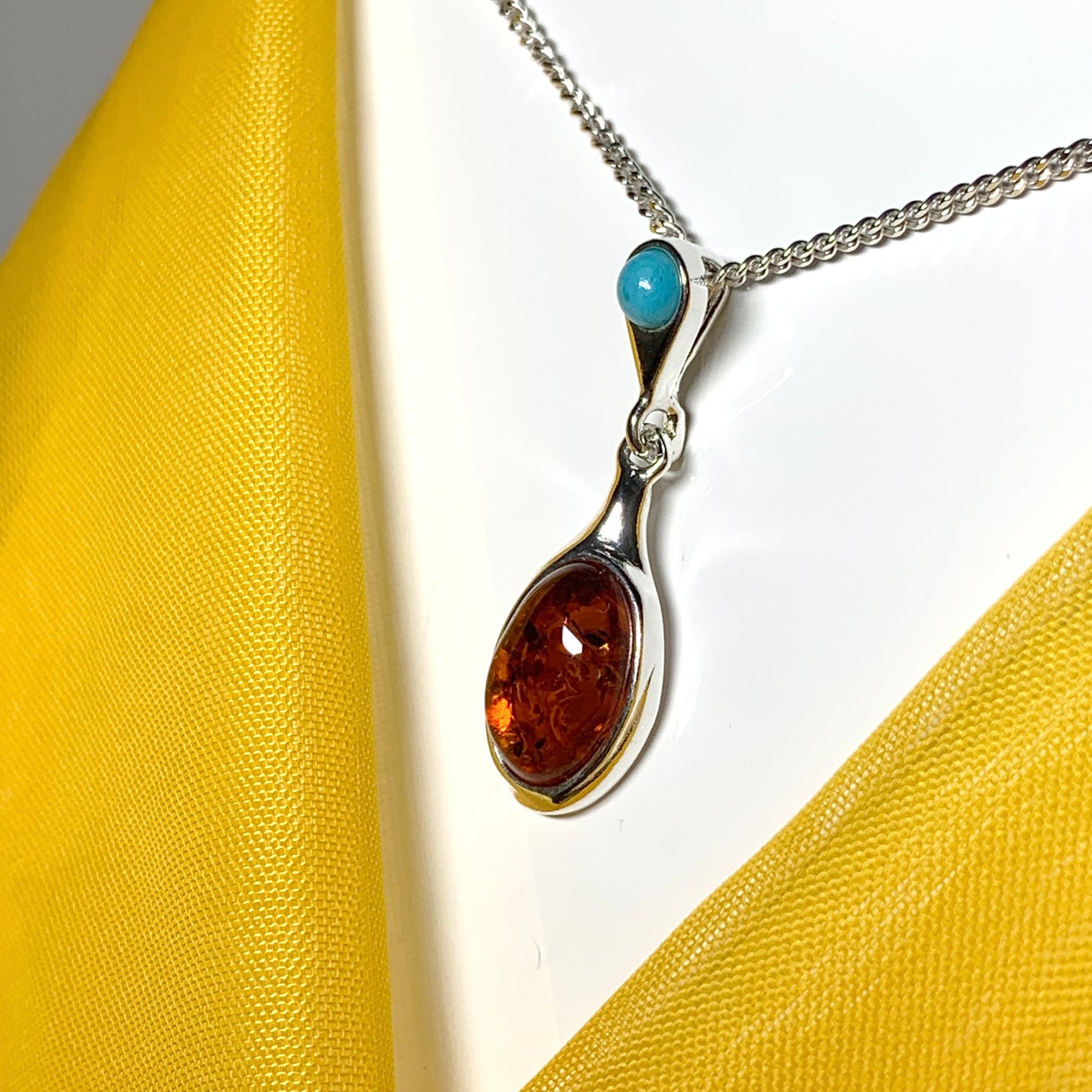 Real amber and turquoise necklace sterling silver pendant