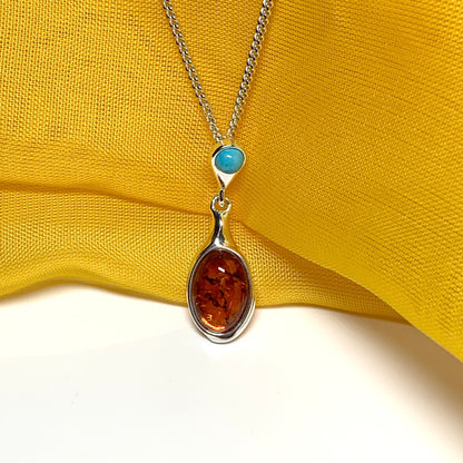 Real amber and turquoise necklace sterling silver pendant