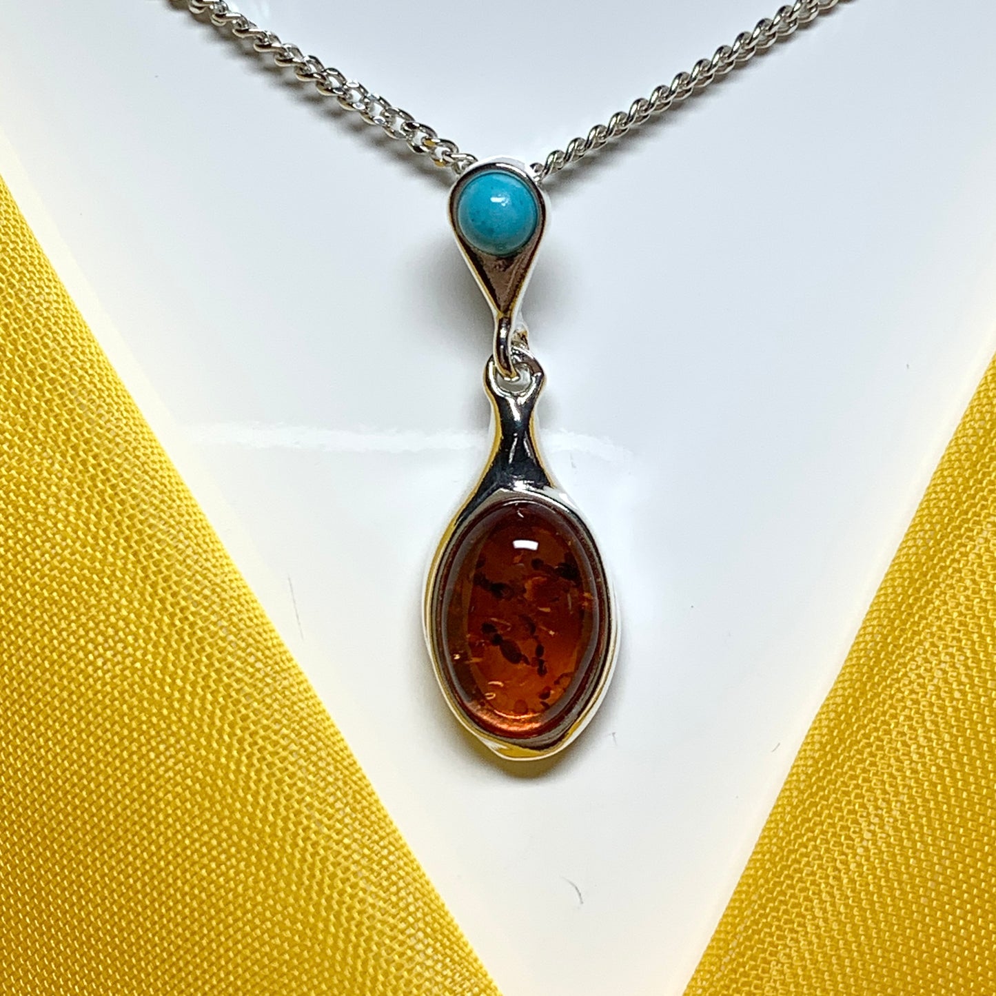 Real amber and turquoise necklace sterling silver pendant