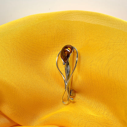 Real amber brooch sterling silver fancy swirl