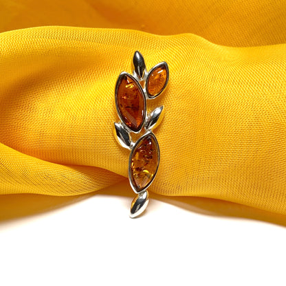 Real amber brooch sterling silver marquise shaped