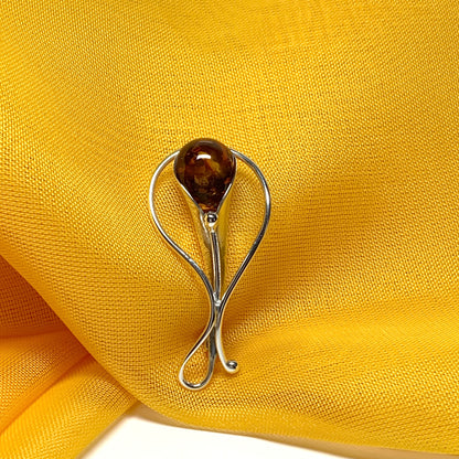 Real amber brooch sterling silver fancy swirl