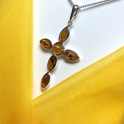 Real amber cross necklace sterling silver